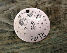 Load image into Gallery viewer, Dog name tag, hand stamped with moon, stars, planets & spaceship