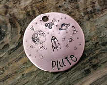 Load image into Gallery viewer, Dog name tag, hand stamped with moon, stars, planets & spaceship