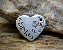 Load image into Gallery viewer, Small heart pet id tag, Aluminum heart with flower design, lightweight cat id tag
