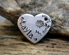 Load image into Gallery viewer, Small heart pet id tag, Aluminum heart with flower design, lightweight cat id tag