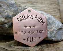 Load image into Gallery viewer, Dog tag, hand stamped with 'Call My Mom' & phone number