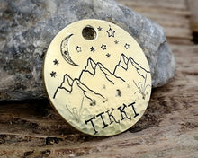 Load image into Gallery viewer, Pet id tag, hand stamped with mountain, moon & stars