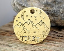 Load image into Gallery viewer, Pet id tag, hand stamped with mountain, moon & stars