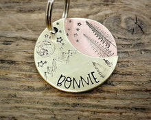 Load image into Gallery viewer, Dog tag, hand stamped with moon, stars & trees