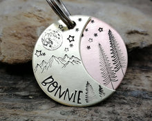 Load image into Gallery viewer, Dog tag, hand stamped with moon, stars & trees