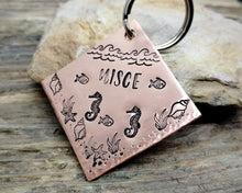 Load image into Gallery viewer, Square dog id tag, hand stamped with ocean design, seahorse & fish