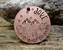 Load image into Gallery viewer, Dog id tag, hand stamped with cactus design & mountains