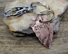 Load image into Gallery viewer, Arrowhead dog id tag with matching keychain hand stamped with fern design