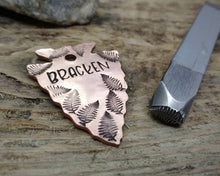 Load image into Gallery viewer, Arrowhead dog id tag with matching keychain hand stamped with fern design