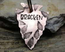 Load image into Gallery viewer, Arrowhead dog id tag with matching keychain hand stamped with fern design