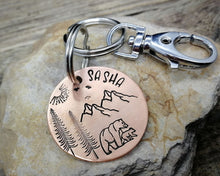 Load image into Gallery viewer, Dog id tag with matching keychain, hand stamped with adventure design