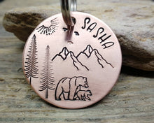 Load image into Gallery viewer, Dog Tag, hand stamped with mountains, bear & trees