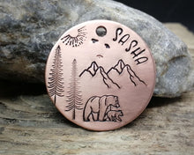 Load image into Gallery viewer, Dog Tag, hand stamped with mountains, bear & trees