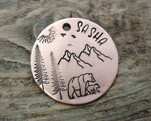 Load image into Gallery viewer, Dog Tag, hand stamped with mountains, bear & trees