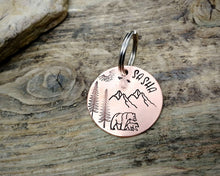 Load image into Gallery viewer, Dog Tag, hand stamped with mountains, bear & trees