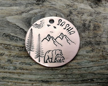 Load image into Gallery viewer, Dog Tag, hand stamped with mountains, bear & trees