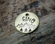 Load image into Gallery viewer, Cat id tag, hand stamped with mountains & trees