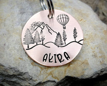 Load image into Gallery viewer, Dog id tag, hand stamped with landscape & balloon