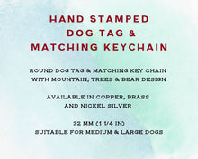 Load image into Gallery viewer, Dog id tag with matching keychain, hand stamped with adventure design