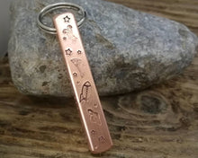 Load image into Gallery viewer, Bar tag, dog id tag, hand stamped with spaceship, moon & planets