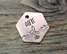 Load image into Gallery viewer, Small hexagon dog id tag, hand stamped with ocean design & whale fluke
