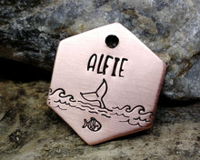 Load image into Gallery viewer, Small hexagon dog id tag, hand stamped with ocean design & whale fluke