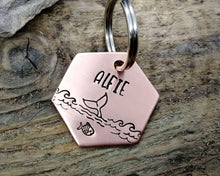 Load image into Gallery viewer, Small hexagon dog id tag, hand stamped with ocean design & whale fluke