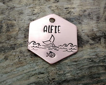 Load image into Gallery viewer, Small hexagon dog id tag, hand stamped with ocean design & whale fluke
