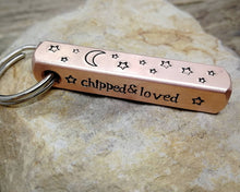 Load image into Gallery viewer, Bar tag, pet id tag, hand stamped with moon & stars