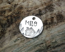 Load image into Gallery viewer, Cat name tag, hand stamped with trees & cabin