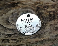 Load image into Gallery viewer, Cat name tag, hand stamped with trees & cabin