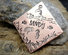 Load image into Gallery viewer, Square dog tag, handstamped with ocean design, seahorse & fish