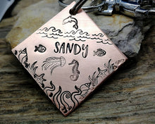 Load image into Gallery viewer, Square dog tag, handstamped with ocean design, seahorse & fish
