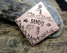 Load image into Gallery viewer, Square dog tag, handstamped with ocean design, seahorse & fish