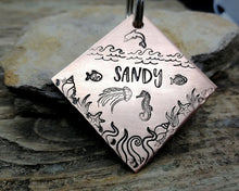 Load image into Gallery viewer, Square dog tag, handstamped with ocean design, seahorse & fish