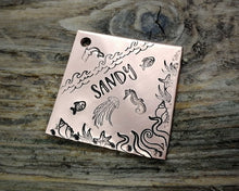 Load image into Gallery viewer, Square dog tag, handstamped with ocean design, seahorse & fish