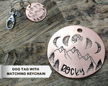 Load image into Gallery viewer, Pet tag and matching keychain, hand stamped with moon phase design