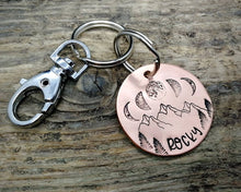 Load image into Gallery viewer, Pet tag and matching keychain, hand stamped with moon phase design