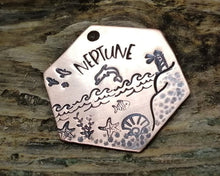 Load image into Gallery viewer, Hexagon dog tag, hand stamped with nautical design, dolphin & lighthouse
