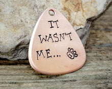 Load image into Gallery viewer, Guitar pick pet tag, hand stamped with 'It wasn't me'