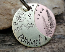 Load image into Gallery viewer, Dog tag, hand stamped with moon, stars & trees