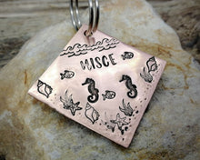 Load image into Gallery viewer, Square dog id tag, hand stamped with ocean design, seahorse & fish