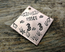 Load image into Gallery viewer, Square dog id tag, hand stamped with ocean design, seahorse & fish