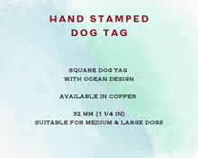 Load image into Gallery viewer, Square dog id tag, hand stamped with ocean design, seahorse & fish