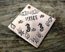 Load image into Gallery viewer, Square dog id tag, hand stamped with ocean design, seahorse & fish