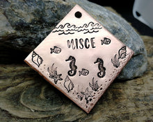 Load image into Gallery viewer, Square dog id tag, hand stamped with ocean design, seahorse & fish