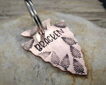 Load image into Gallery viewer, Arrowhead dog id tag with matching keychain hand stamped with fern design