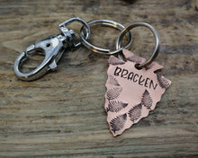 Load image into Gallery viewer, Arrowhead dog id tag with matching keychain hand stamped with fern design
