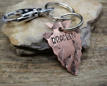 Load image into Gallery viewer, Arrowhead dog id tag with matching keychain hand stamped with fern design