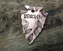Load image into Gallery viewer, Arrowhead dog id tag with matching keychain hand stamped with fern design